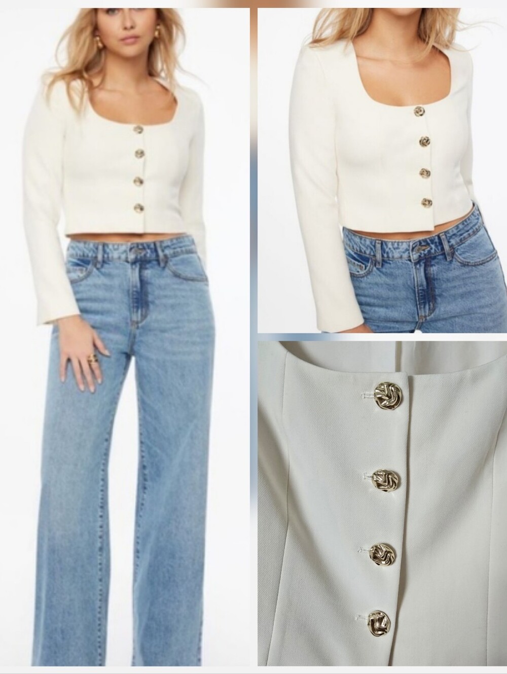 Dynamite Cream Cropped Square Neck Cardigan with Gold Buttons